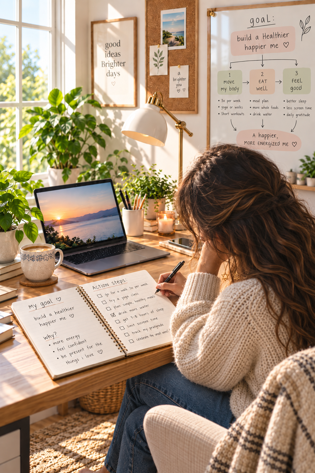 Woman at a desk beside a goal-planning notebook and a whiteboard workflow, illustrating how to break a goal into actionable steps.